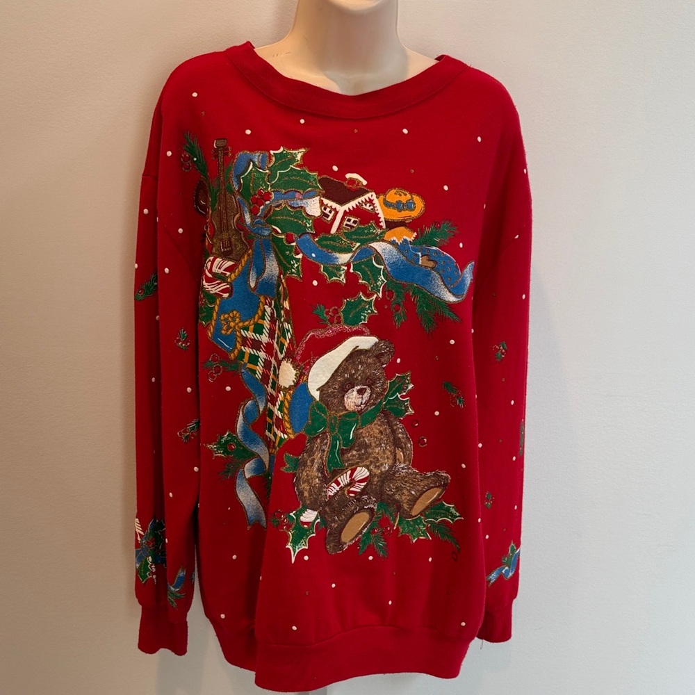 Vintage 80s Holiday Time Red Christmas Sweatshirt Teddy Bear Stocking USA Size M
